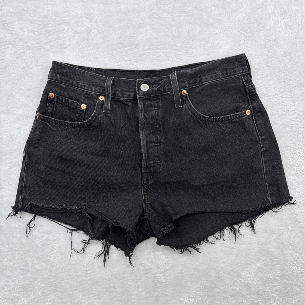 Levi's 501 Shorts Women Sz 29 Black Denim High Rise Cut Off Distressed Button Up